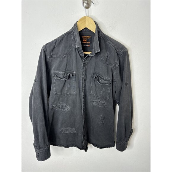 SuperDry Commodity Edition 40Cm Large Black Denim Distressed Button Shirt - Picture 1 of 10